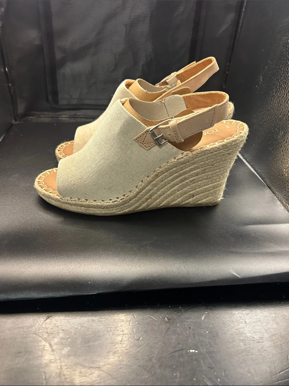 TOMS Beige Canvas Espadrille Slingback Wedges